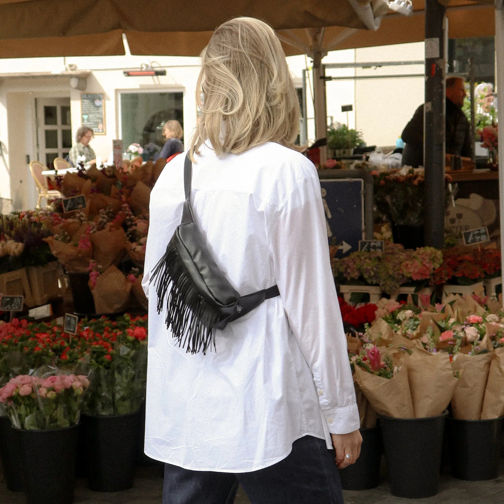 Bauchtasche Medium Eckig Kunstleder Fransen Schwarz