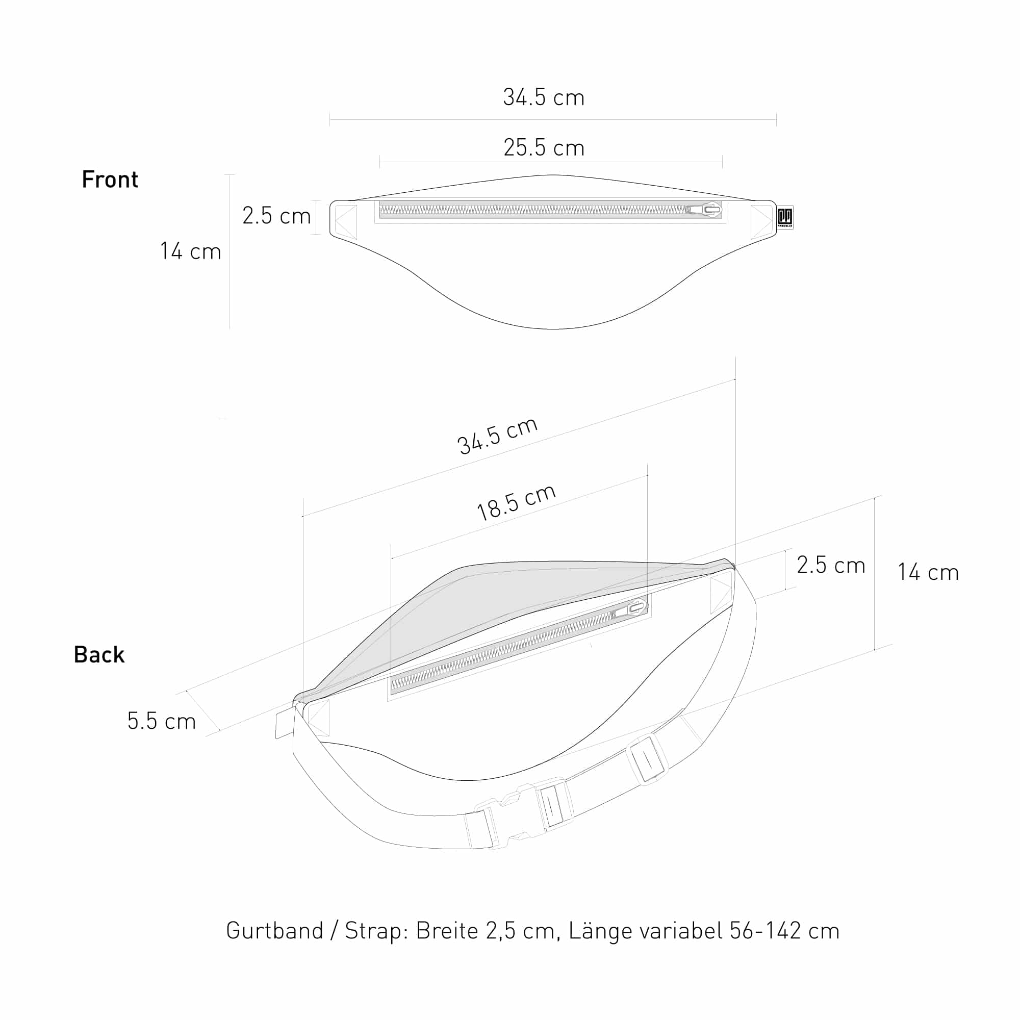 Bauchtasche Kunstleder Schmal Technische Zeichnung