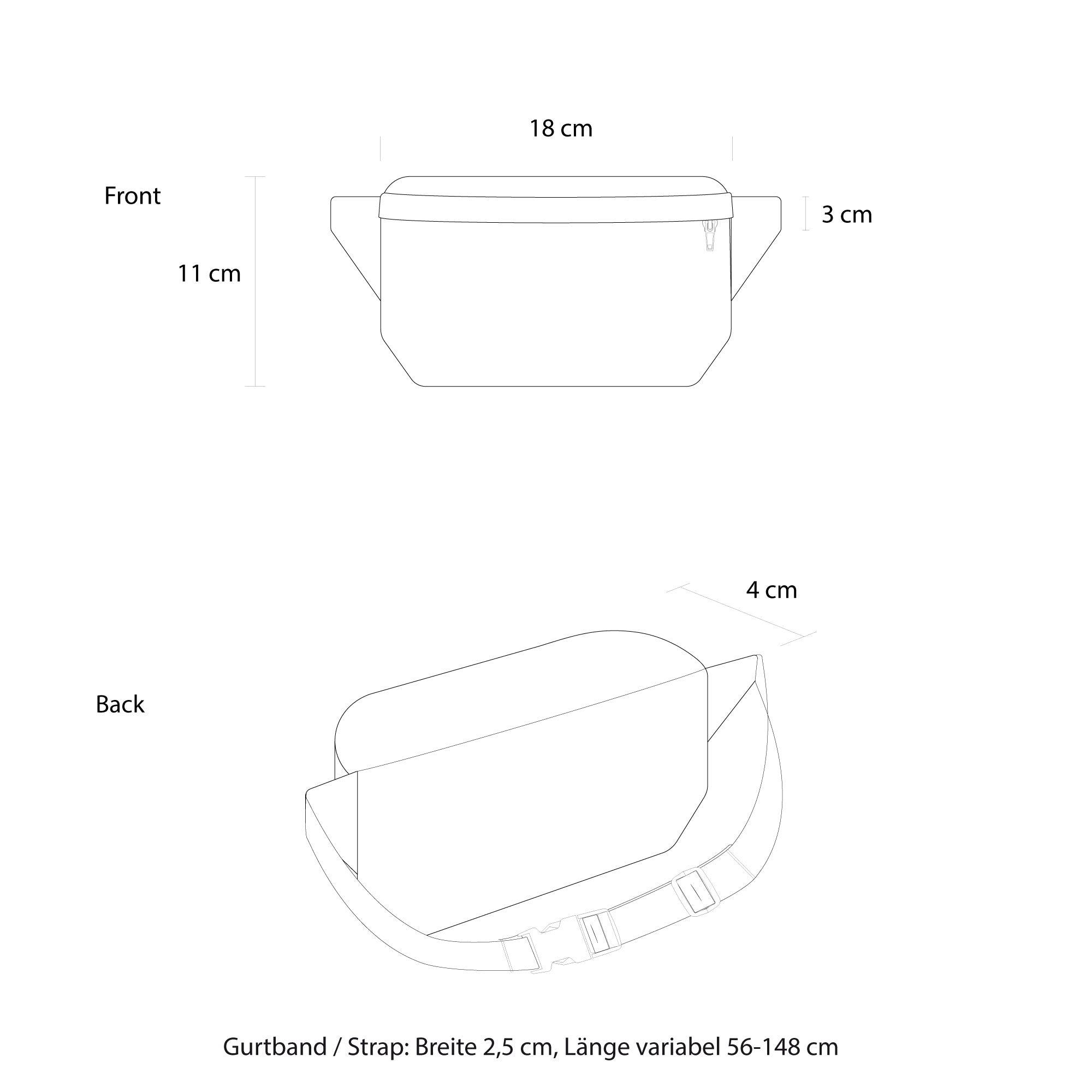 Bauchtasche Eckig klein, Softshell Technische Zeichnung