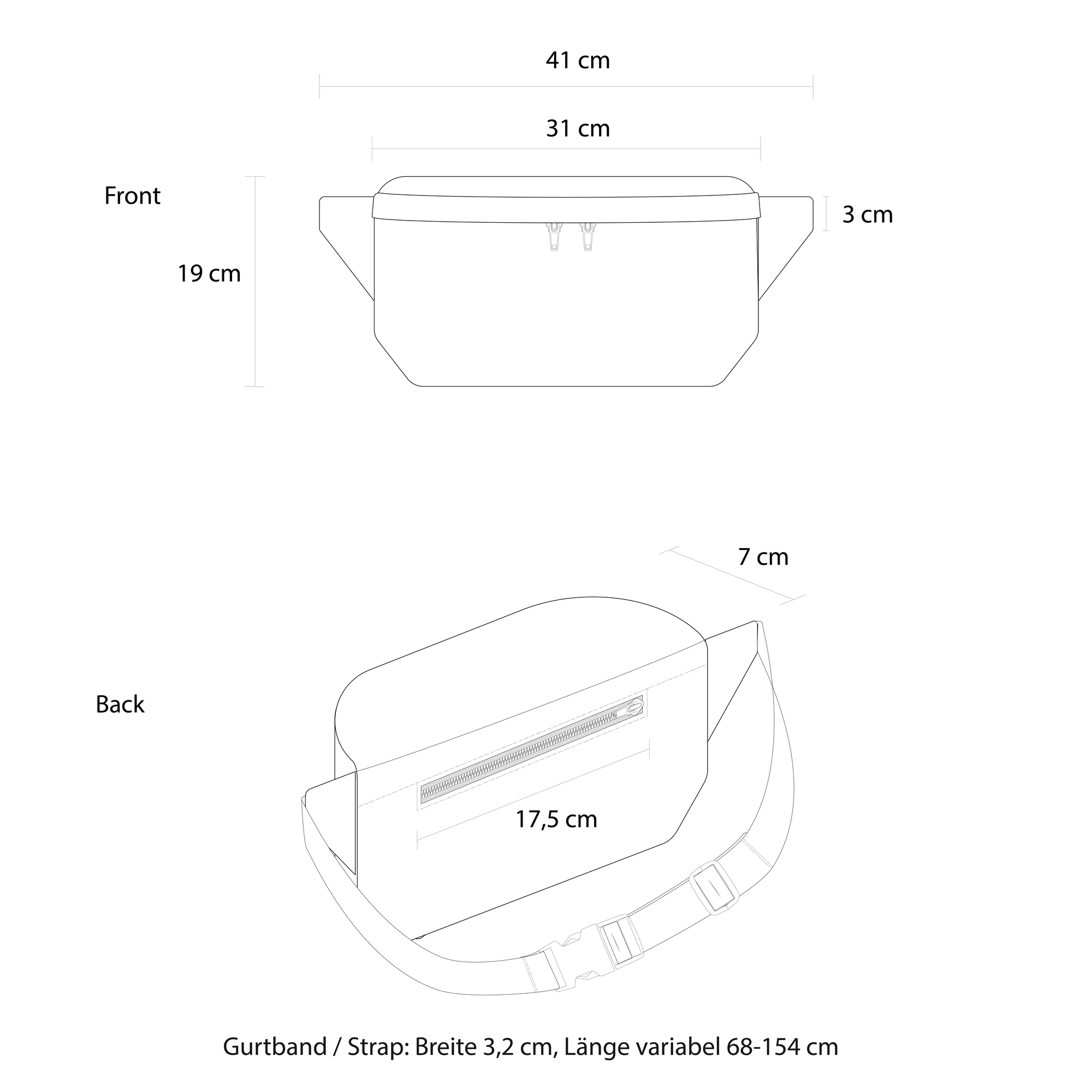 Bauchtasche Softshell groß Technische Zeichnung