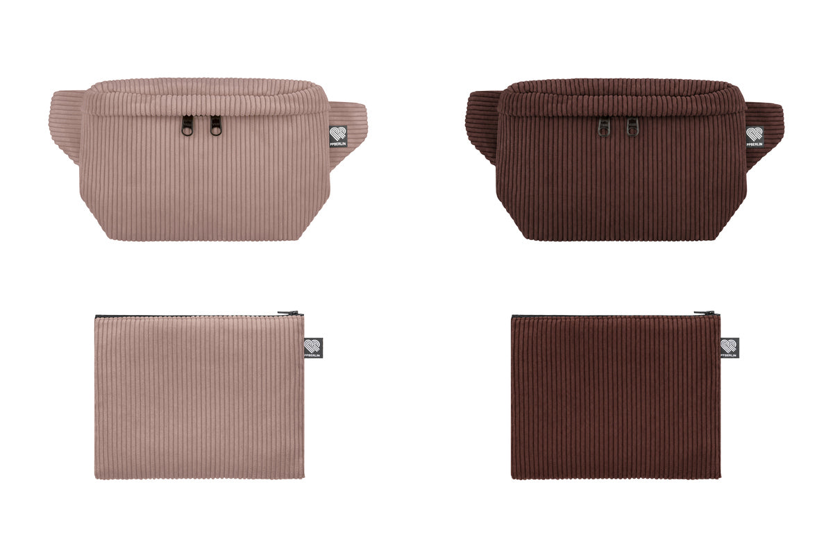 Bauchtasche Eckig und Etui aus Cord in Taupe und Dunkelbraun