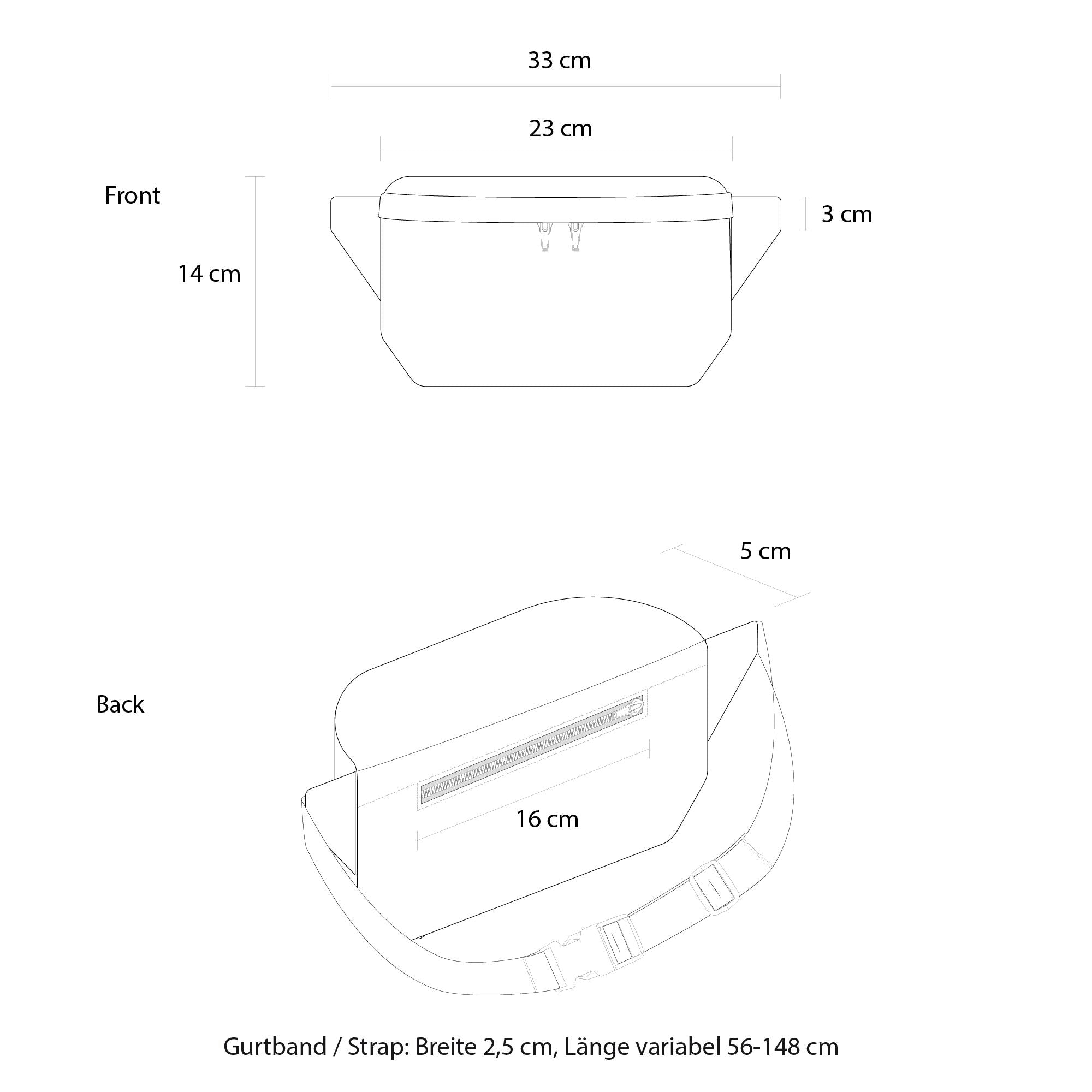 Bauchtasche eckig, Canvas Technische Zeichnung